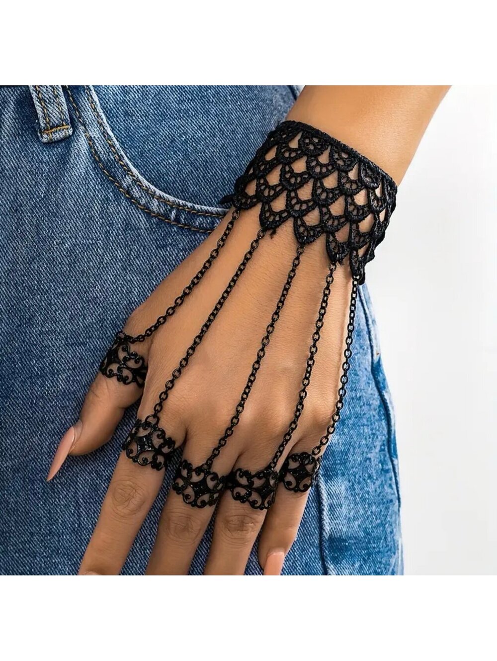 New - Chic - Black Lace Hand Chain Ring /Bracelet with Celestial Symbols